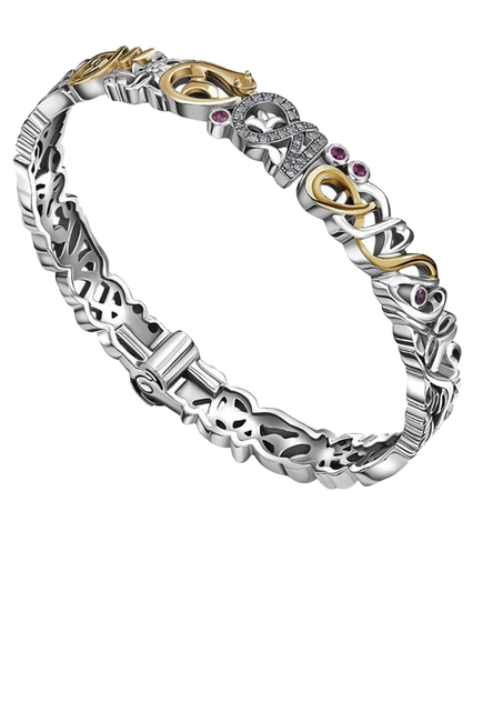 Tales Of Calligraphy Bangle, 18k Yellow Gold with Sterling Silver & Diamond